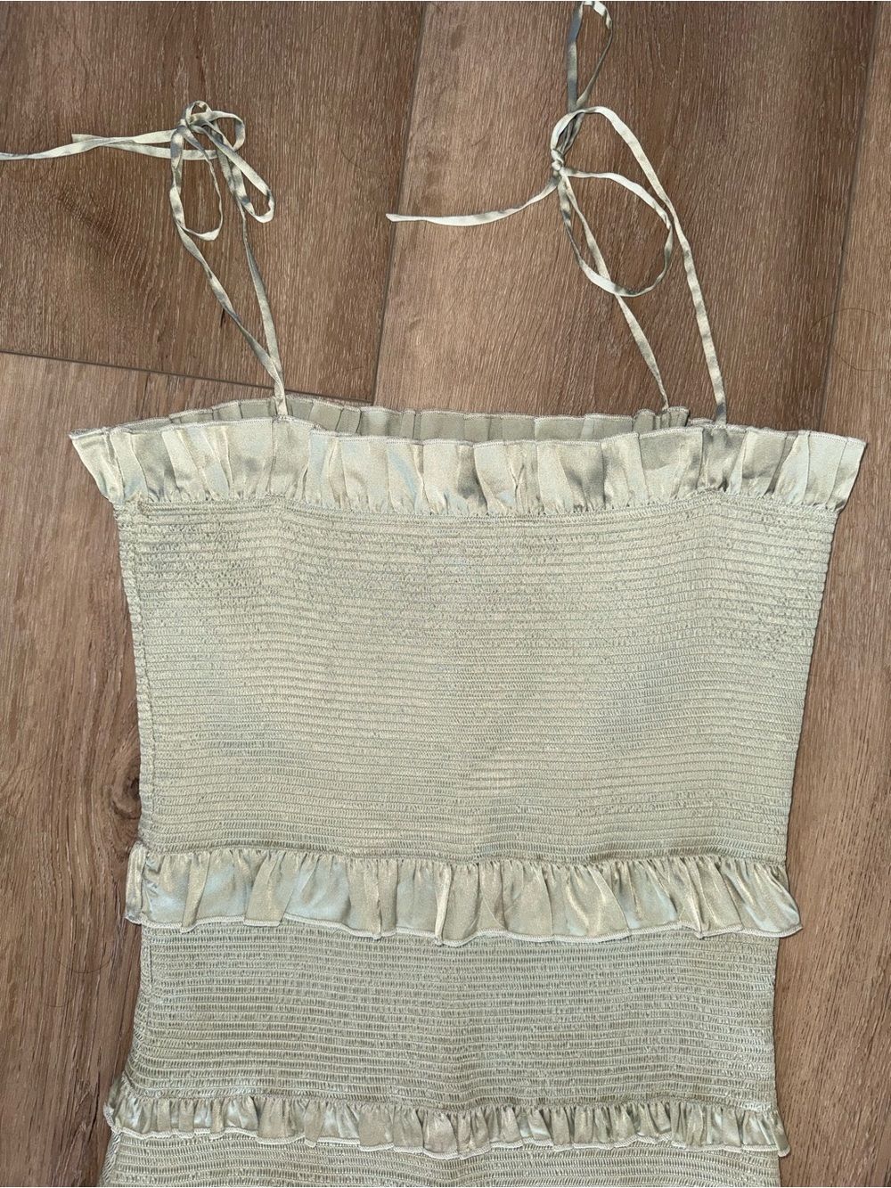 V. Chapman Sage Green Lily Ruched & Ruffled Satin Midi Dress Anthropologie 8 - Picture 3 of 4